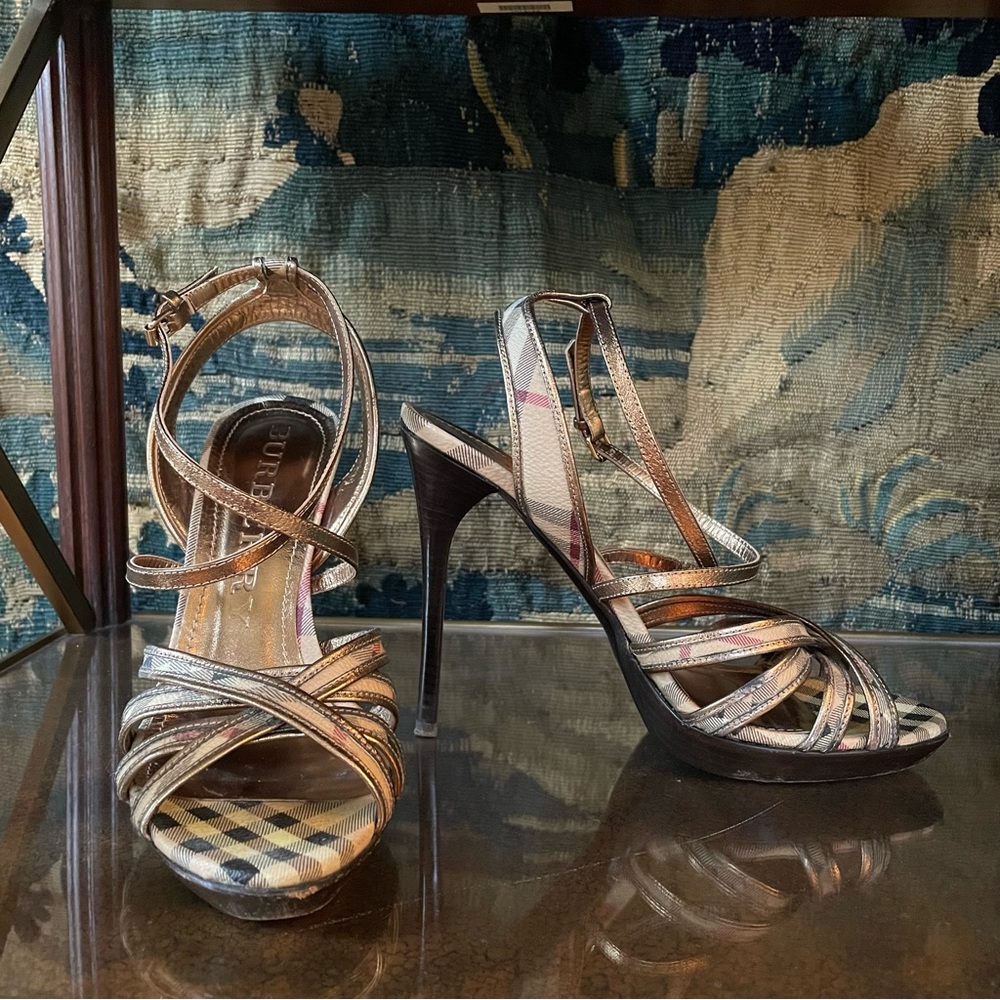 Burberry Check with Bronze Gold Strappy Sandal